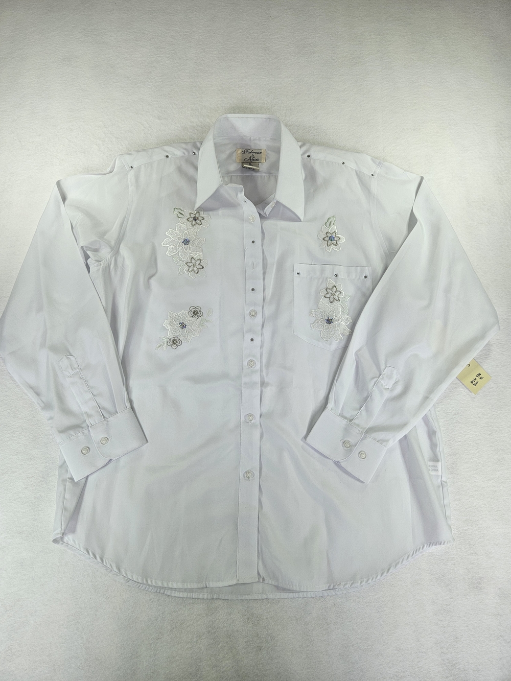 White Embroidered Rhinestone Button-Up Shirt Vintage NWT